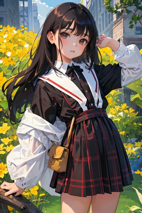 (child)，highest quality，Beautiful face in every detail，cute，Dark brown eyes，(背の低いcute女の子，Small young student，Young delicate girl）,（masterpiece，Top quality)，Black Hair，Sleepy expression，Short sleeve，Plaid white skirt