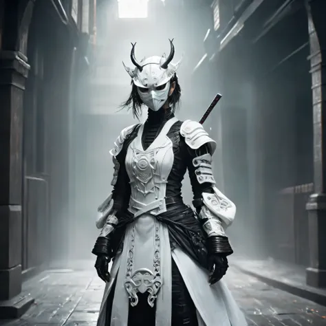 Arafed image of a person wearing white clothing and a mask, A very beautiful cyberpunk samurai, gothic - cyberpunk, Orthodox cyberpunk, Rococo Cyberpunk, ornamental gothic - cyberpunk, Gorgeous cosplay, occult cyberpunk, Mysterious Post-Apocalyptic Cyborg,...