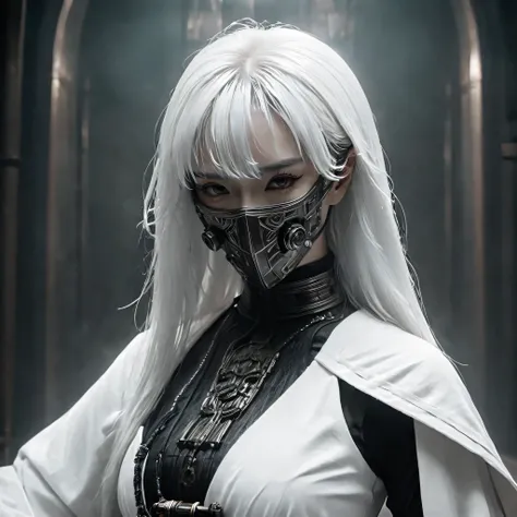 Arafed image of a person wearing white clothing and a mask, A very beautiful cyberpunk samurai, gothic - cyberpunk, Orthodox cyberpunk, Rococo Cyberpunk, ornamental gothic - cyberpunk, Gorgeous cosplay, occult cyberpunk, Mysterious Post-Apocalyptic Cyborg,...