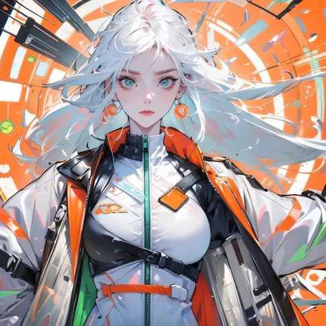 orange, pink, white, green, (white hair woman), (techwear clothes:1.1),abstract lines and circles background