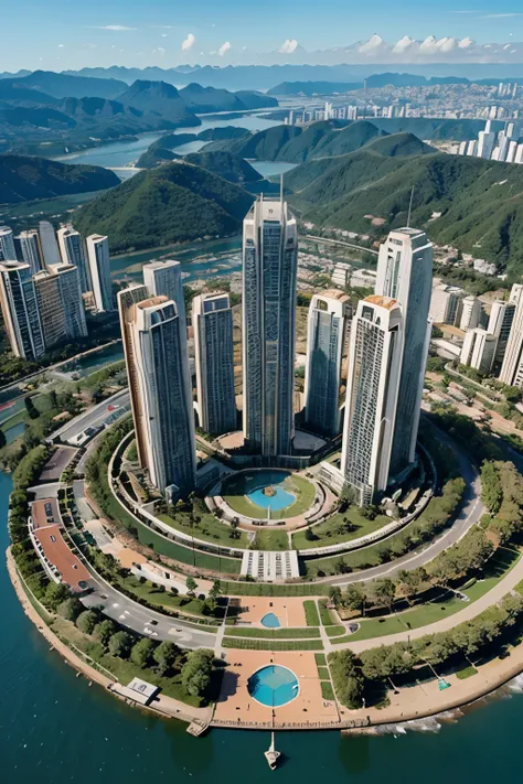 paisagem de uma cidade futurista em forma de domo, com mais de 100 andares de altura. Ao redor quatro pilares gigantescos e ornamentados se erguem. contruida no meio de uma grande lagoa.