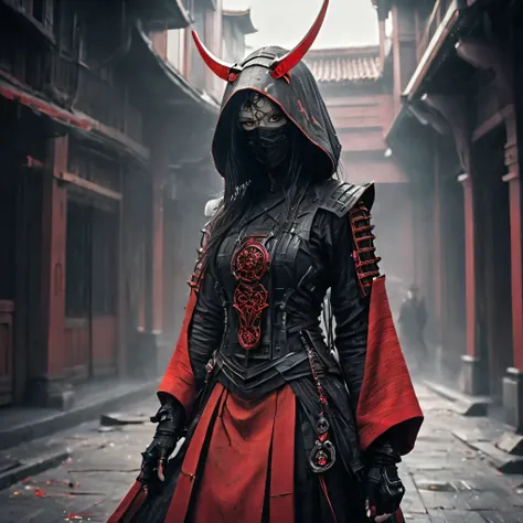 Arafed image of a person wearing scarlet clothing and a mask, Very beautiful cyberpunk samurai, gothic - cyberpunk, Orthodox cyberpunk, Rococo Cyberpunk, ornamental gothic - cyberpunk, Gorgeous cosplay, occult cyberpunk, Mysterious Post-Apocalyptic Cyborg,...