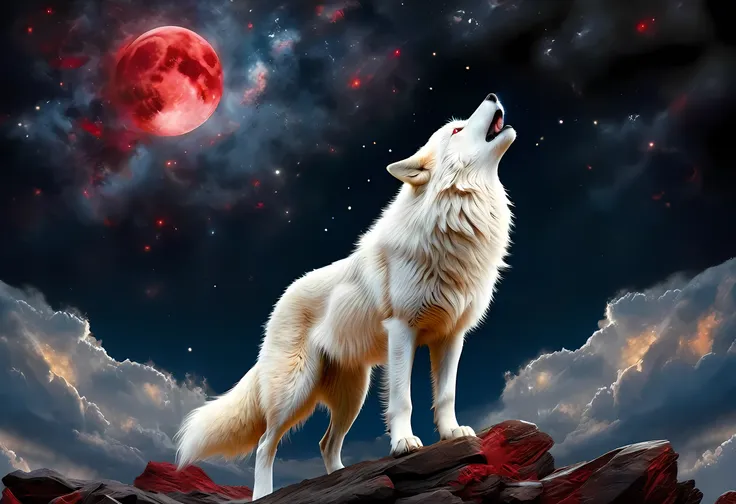 high details, best quality, 16k, [ultra detailed], masterpiece, best quality, gothic art, dark fantasy, (ultra detailed), full body, ultra wide shot, photorealism, an epic white wolf howling to the starry night sky, big epic white wolf , white fur (ultra d...