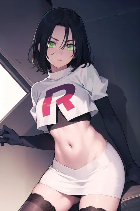 fubuki, fubuki, black hair, (green eyes:1.5), short hair,
BREAK jewelry, team rocket,team rocket uniform,white skirt,red letter R,crop top,black thigh-highs,black elbow gloves,
BREAK looking at viewer,
BREAK (masterpiece:1.2), best quality, high resolution...