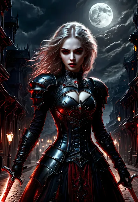 arafed, dark fantasy art, gothic art, a picturק of a vampire ready for battle, female vampire, armed with a sword, wearing heavy...