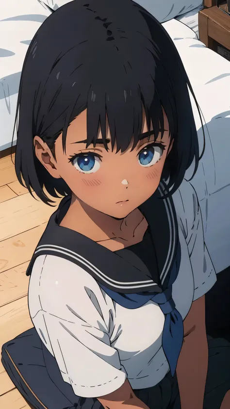 {{kofune mio}}, {summertime render}, (Top view:1.2),(A face waiting for a kiss:1.3), (blush:1.5), shining blue eyes, closed mouth, black short hair, medium breasts, dark skin, dark-skinned female, white serafuku, short sleeves, black neckerchief, 1girl, so...
