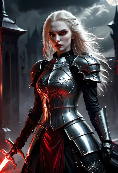 arafed, dark fantasy art, gothic art, a picturק of a vampire ready for battle, female vampire, armed with a sword, wearing heavy...