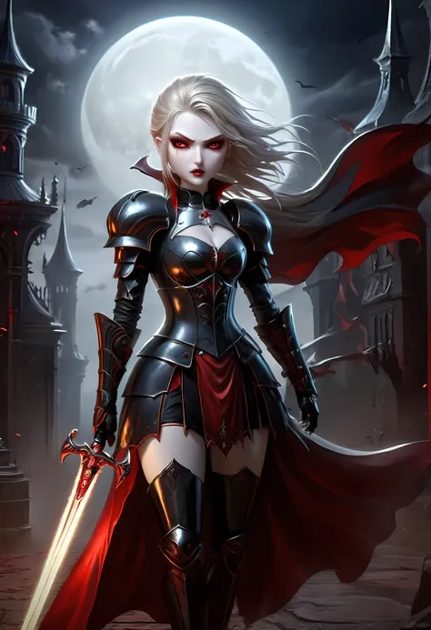 arafed, dark fantasy art, gothic art, a picturק of a vampire ready for battle, female vampire, armed with a sword, wearing heavy...