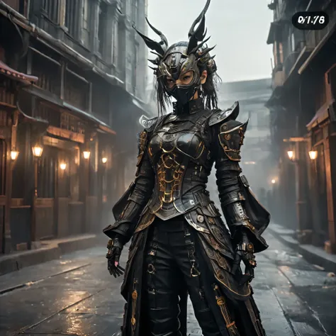 Arafed image of a person wearing amber clothing and a mask, A very beautiful cyberpunk samurai, gothic - cyberpunk, Orthodox cyberpunk, Rococo Cyberpunk, ornamental gothic - cyberpunk, Gorgeous cosplay, occult cyberpunk, Mysterious Post-Apocalyptic Cyborg,...