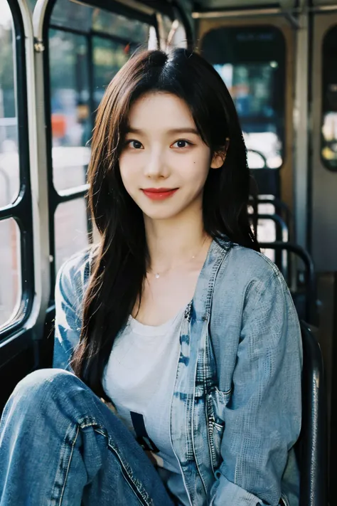 ((Midnight, Best quality, 8k, Masterpiece :1.3)), Sharp focus :1.2, A pretty woman with perfect figure :1.4, ((Dark brown hair, Big breasts :1.2)), (gray tshirt, jeans bib, sitting :1.2), ((bus :1.3)), Highly detailed face and skin texture, Detailed eyes, ...