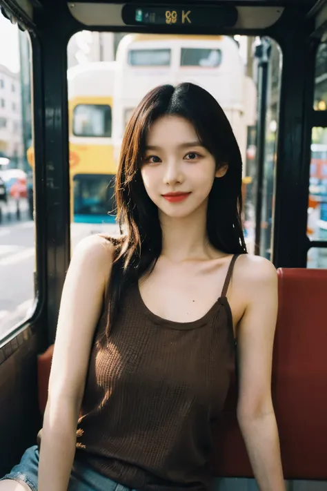 ((Midnight, Best quality, 8k, Masterpiece :1.3)), Sharp focus :1.2, A pretty woman with perfect figure :1.4, ((Dark brown hair, Big breasts :1.2)), (tank top wearing, underwear show off, sitting :1.2), ((bus :1.3)), Highly detailed face and skin texture, D...
