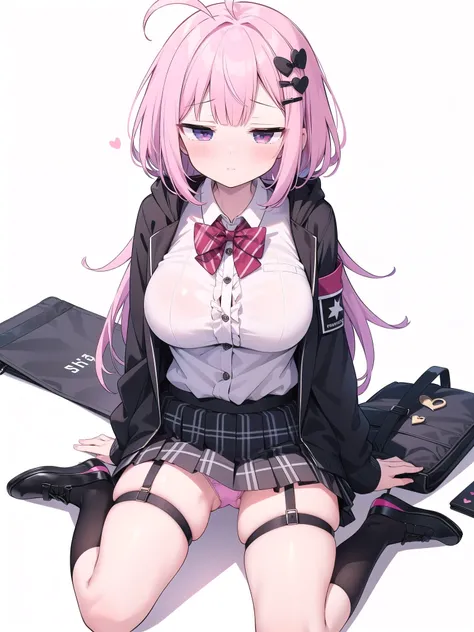 garter belt,Pink Panties,Big breasts with legs spread,High Resolution 1girl Ahoge Bobby_pin bow bowtie braid brOwn_目s collared_shirt dojikko_Temporarily stop_shirt frilled_shirt_Color Free Joint_skirt frills hair_bow hair_ornament hairpin hand_in addition_...