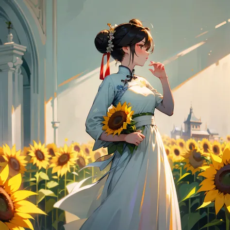 A bridesmaid wearing a beautiful Chinese white dress and her hair is in a cute bun with a elegant bow and she is holding sunflowers and the background is in a beautiful church