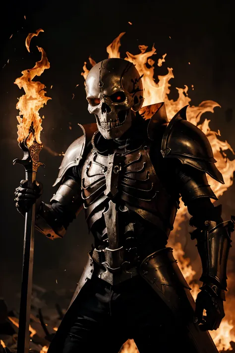 a terrifying evil skeleton boss with flaming head, equipped with giant sword and awesome armor