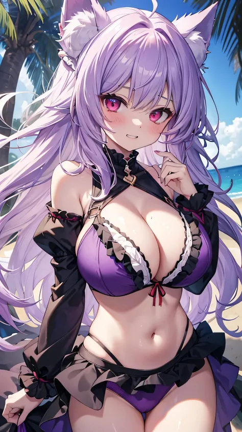 Wolf Woman, Big Breasts, Voluminous light purple hair, One girl, masterpiece , Red eyes、Double teeth、tooth、Blushed cheeks、 hd, Head to Chest, buried in my chest、Underbust、Cleavage、Frilled bikini、Big Tits、Open your mouth wide、Grin、White Iris、