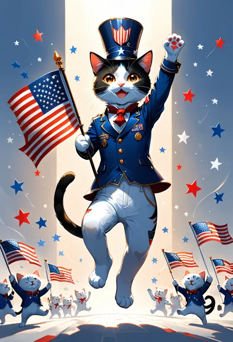 In the center of a white background, a cartoon cat is joyfully waving an American flag. The cat is anthropomorphized with arms and legs, standing on its hind legs to hold the flag aloft. Its wearing a blue jacket adorned with red stripes and stars, paired ...