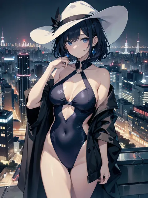 A girl stands on the rooftop of a high-rise building overlooking the late-night Tokyo nightscape.、She has a short bob with a white lob of hair and wears a large black witch hat with sapphire jewelry.、A high school student wearing a navy blue swimsuit、She w...