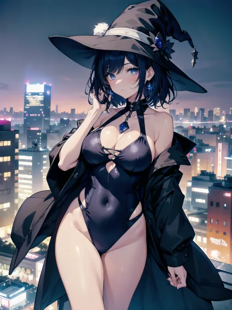 A girl stands on the rooftop of a high-rise building overlooking the late-night Tokyo nightscape.、She has a short bob with a white lob of hair and wears a large black witch hat with sapphire jewelry.、A high school student wearing a navy blue swimsuit、She w...