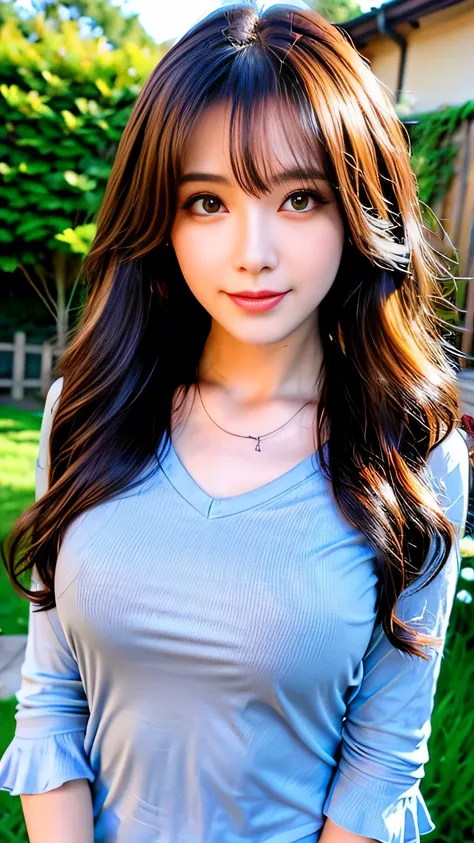 Full Body Angle、((highest quality, 8K, masterpiece: 1.3)), concentrated: 1.2, Cute girl 1,Nipples erect、 Perfect beauty: 1.4,Crisscross V-neck T-shirt, Casual summer short sleeve t-shirt: 1.2,Long sleeve、Randall Color、comics＆Text Graphics、Black ruffle-trim...