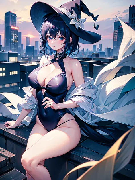 A girl stands on the rooftop of a high-rise building overlooking the late-night Tokyo nightscape.、She has a short bob with a white lob of hair and wears a large black witch hat with sapphire jewelry.、A high school student wearing a navy blue swimsuit、She w...