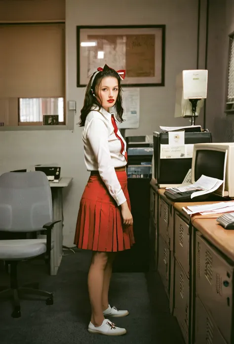 35mm, Fuji Superia 1600, ISO-6400, f/5.6, 1/30, film photography style, heavy grain, photorealistic, technicolor style, a haunting photograph taken in the ((1990s)) of a beautiful teenage white cheerleader girl in a dimly lit empty newspaper office, standi...