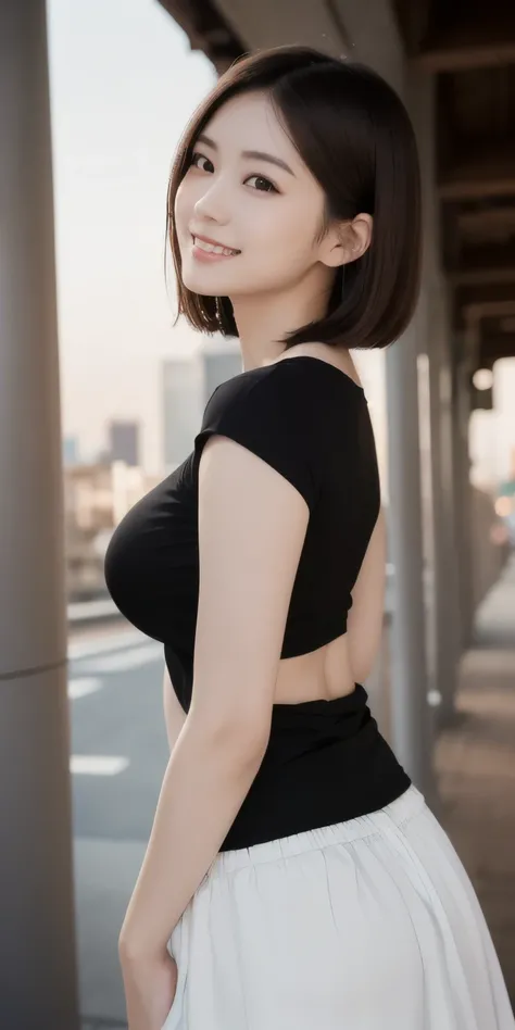 (((((Mai Shiraishi, White long skirt, Plain black shirt, Cowboy Shot, Side view, Looking to the future, arched back, Put your arms behind your head, Dark brown very short hair, Huge breasts, Are standing, Wind)))))(((( masterpiece, highest quality, Very de...