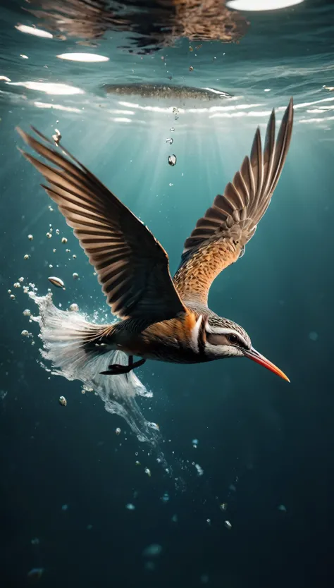 ((Masterpiece in maximum 16K resolution):1.6),((soft_color_photograpy:)1.5), ((Ultra-Detailed):1.4),((Movie-like still images and dynamic angles):1.3),| ((Macro shot cinematic photo of diving birds diving into water):1.2), ((high speed dive):1.1), ((diving...