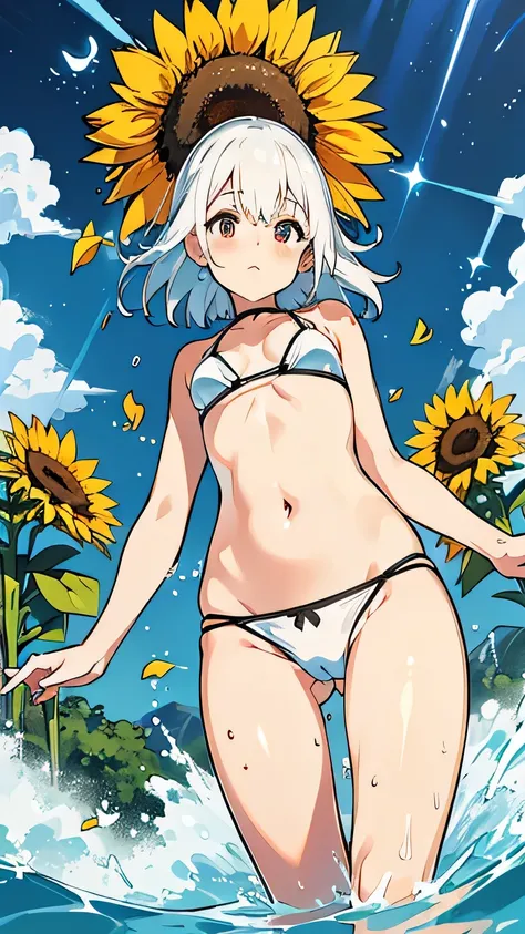 Best image quality,１People Girl,cute,Shiny Hair,black eye,Shining Eyes,,sunflower,stream,Water Play,Wet,girl,small,small breast,White Bikini,Too much exposure,View from below,Navel Fashion,distinct,Thin waist and legs,Know the shape of your vagina,Real