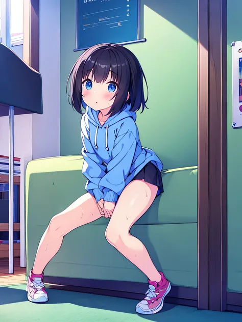 Great quality 8k super detail girl in mini skirt hoodie black black hair light blue eyes in room open legs  NSFW wet crotch full body