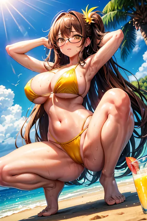 High resolution, high quality, One girl, Anime Girls,Brown long hair, Brown eyes, Green glasses,heart shaped pupils,Glowing Skin, Large Breasts,beautiful breasts,pointy breasts,Big Ass,beautiful ass,Embarrassed,swimsuit,Back Pose,lower body,sweat,wet,squat...