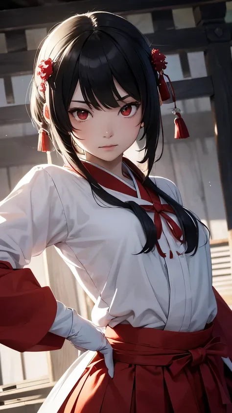 Japanese shrine maiden, girl, shrine, mysterious, human, shrine maiden clothes, short and slender person, standing, white skin, white skin, long black hair, red eyes, crazy smile, beautiful face, night, Beautiful face, white and red clothes, beautiful limb...