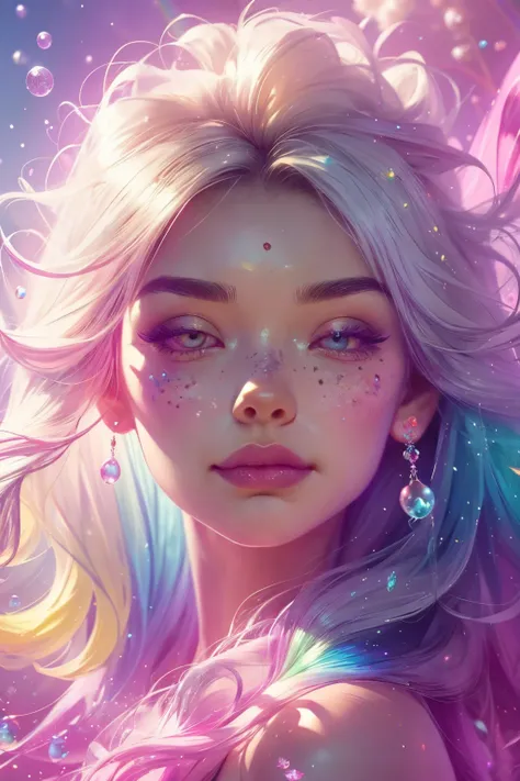 (This is a beautiful rainbow fantasy image that feels interesting and emphasizes glitter and iridescence.) Generate a ((blind)) curvy woman with colorful curly hair and milky white eyes. Her face is important and is perfectly formed with puffy lips and per...