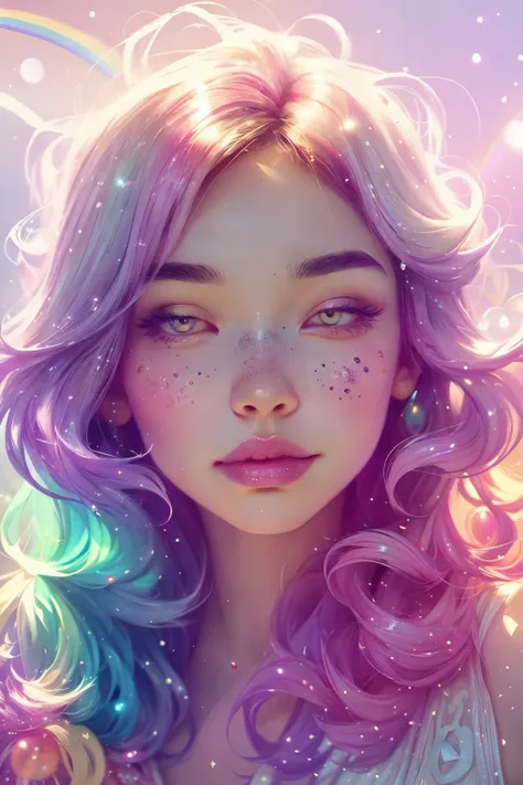 (This is a beautiful rainbow fantasy image that feels interesting and emphasizes glitter and iridescence.) Generate a ((blind)) curvy woman with colorful curly hair and milky white eyes. Her face is important and is perfectly formed with puffy lips and per...