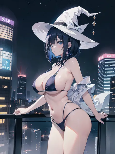 A girl stands on the rooftop of a high-rise building overlooking the late-night Tokyo nightscape.、She has a short bob with a white lob of hair and wears a large black witch hat with sapphire jewelry.、A high school student wearing a navy blue bikini-type sw...