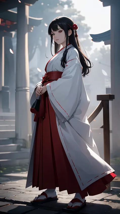 Japanese shrine maiden, girl, shrine, mysterious, human, shrine maiden clothes, short and slender person, standing, white skin, white skin, long black hair, red eyes, crazy smile, beautiful face, night, Beautiful face, white and red clothes, beautiful limb...