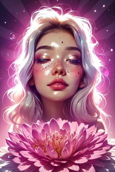 (This is a beautiful rainbow fantasy image that feels interesting and emphasizes glitter and iridescence.) Generate a ((blind)) curvy woman with colorful curly hair and milky white eyes. Her face is important and is perfectly formed with puffy lips and per...