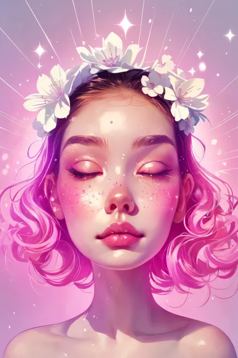 (This is a beautiful rainbow fantasy image that feels interesting and emphasizes glitter and iridescence.) Generate a ((blind)) curvy woman with colorful curly hair and milky white eyes. Her face is important and is perfectly formed with puffy lips and per...