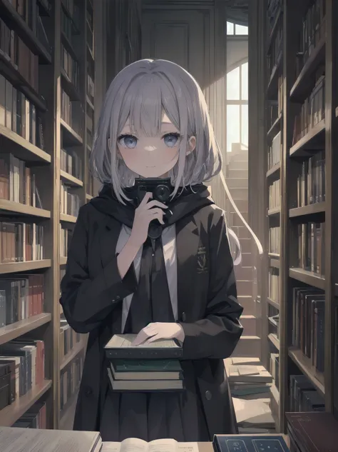 Subtitle: {{library}} {{uniform}} {{reading books}}

The library at night. As if to break the silence, a beautiful girl, Saori, was buried in a huge pile of materials in her . She was pulling old books off the shelves and following each word in the faint l...