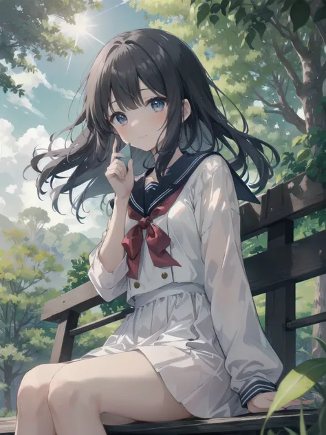 Subtitle: {{Park}} {{Sailor Suit}} {{Sitting on a bench looking at a map}}

In a lush green park, a beautiful girl, Saori, is sitting on a bench with the sun shining through the trees, wearing a sailor suit.Her clear eyes are sunken in deep contemplation, ...