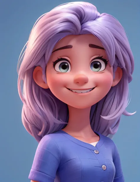 retrato de desenho animado no estilo Disney PIXAR de uma jovem arafada com cabelo preto longo e liso e camisa azul sorrindo, profile picture with headshot, Violeta Myers, lindo rosto latina, sorrindo e olhando diretamente, linda e sorridente, com maquiagem...