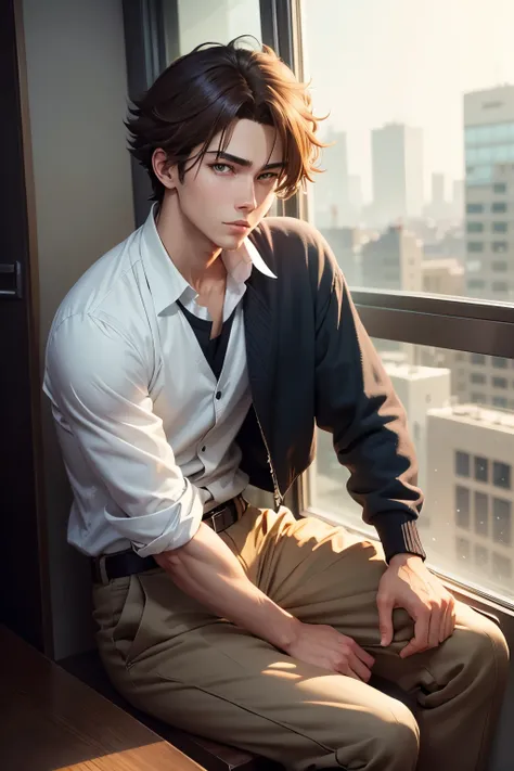 Anime boy sitting on windowsill looking out the window, Tall anime guy with brown eyes and brown hair, Handsome anime pose, young anime man, Male anime style, Guviz-style artwork, Digital anime illustration, Anime boy, male anime character, Anime portrait ...