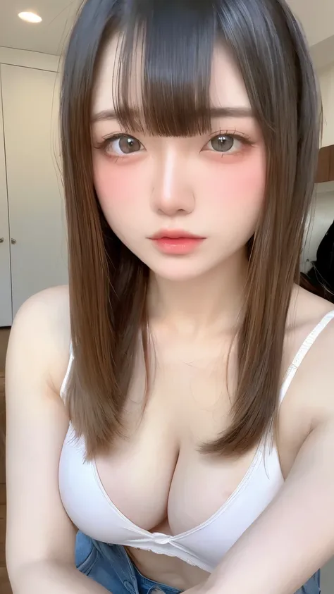 see through，Beautiful and fair、Radiant Skin, 3 Up, Gorgeous, bright, Refreshing and gentle expression, Perfect beautiful face、Beautiful shiny bangs, A very beautiful 17 year old girl, Eyeliner, Very perfect eyes，Very large breasts，Grooves reveal original s...