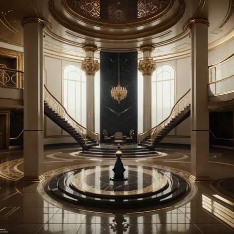 there is a large room with a staircase and a circular staircase, futuristic persian palace, cgsociety unreal engine, exquisitely designed throne room, unreal engine render, unreal engine 5 : :, futuristic palace, rendered in lumion, unreal engine hd render...