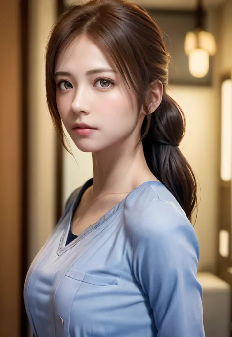 8K, of the highest quality, masutepiece:1.2), (Realistic, Photorealsitic:1.37), of the highest quality, masutepiece, Beautiful young woman, Pensive expression, Thoughtful look, Female doctor, Nurse、Hair tied back, Cinematic background, Light skin tone