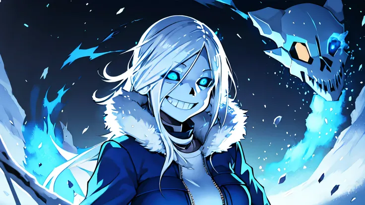 Toby Fox Undertale Sans Blue Jacket ,Fire eyes skull smile white long hair glowing snow town Femininefull big breast breast enlargement full-body shot