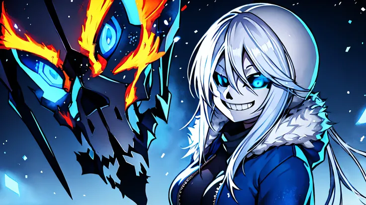 Toby Fox Undertale Sans Blue Jacket ,Fire eyes skull smile white long hair glowing snow town Femininefull big breast breast enlargement full-body shot