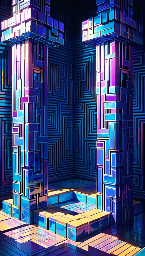 (bismuth blue lead) square pillar,square dividers,horizontal arrangement,unevenness,maze-like,artistic texture,detailed lighting and shadows,vivid and vibrant colors