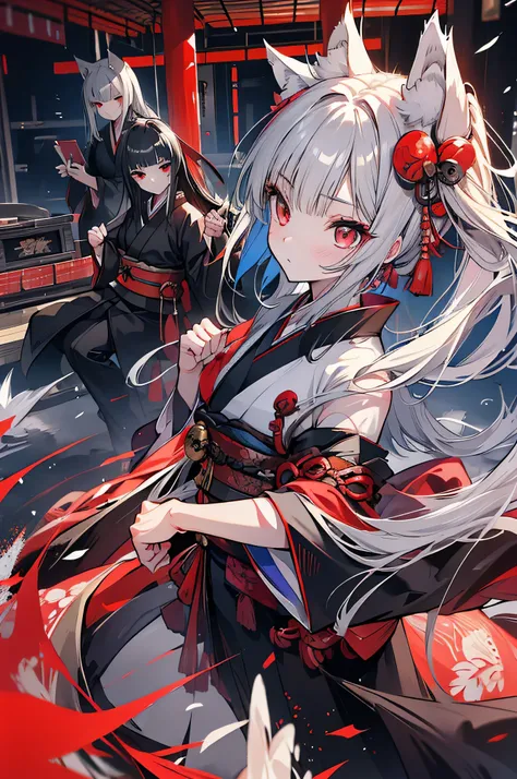 high quality, Wolf Ears,Black kimono,Gray Hair,Long Hair, Seductive red eyes,Cool,Japanese Style,battle,martial arts,fist,fist battle,Moving Pictures,battlefield,karate,Fist cut