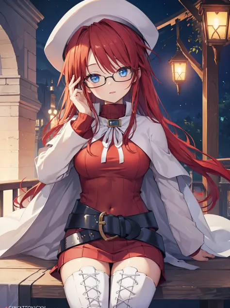 pov,(nsfw:1.2),summonnightaty, aty, (young:1.3),long hair, blue eyes, red hair, large_beret, hat, glasses,
BREAK long hair, thighhighs, hat, dress, boots, glasses, belt, cape, sweater, zettai ryouiki, beret, thigh boots, white footwear, ribbed sweater, loo...