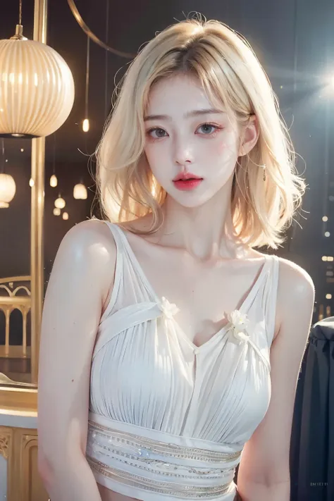 1 woman, SFW,  Beautiful woman with blonde hair in the arcade, (whole body:1.7), AS-Adult, detailed skin, ultra realistic 8k cg, 그림처럼 Perfect 얼굴, Perfect, Clean, masterpiece, 전문적인 illustration, famous work of art, movie lights, Cinematic flowers,  best qua...